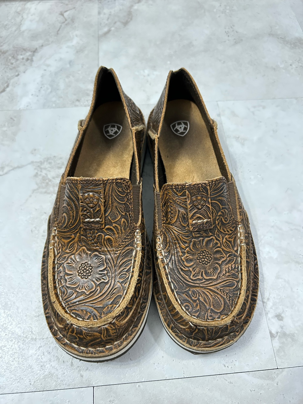 Ariat Brown Tooled Floral Leather Slip-On Loafers